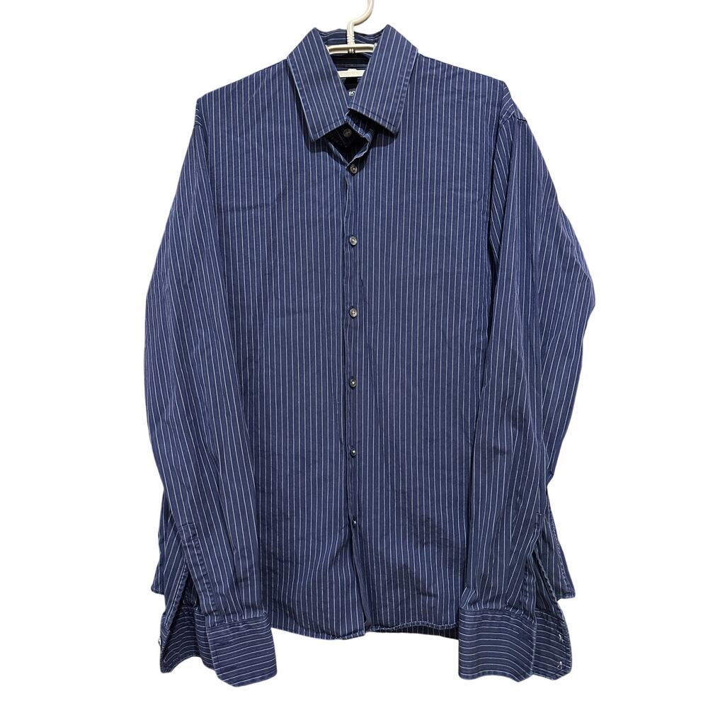 Boss Hugo Boss Dress Shirt 16 Blue Striped Button Up Long Sleeve 100% Cotton